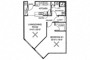 Floor plan for 1 bed, 1 bath, 794 sqft